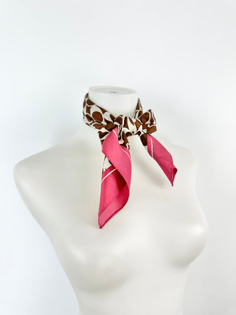 Coach Chocolate & Rose Pink Silk Logo Scarf