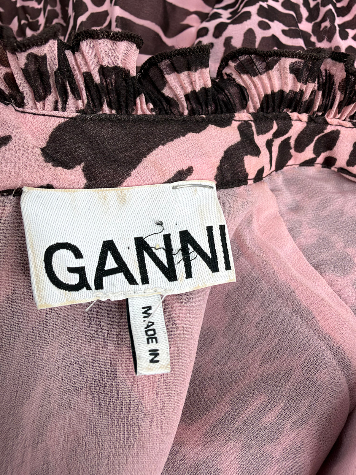 Ganni Pink & Brown Leopard Print Pattern Pleated Georgette Mini Dress - AU10