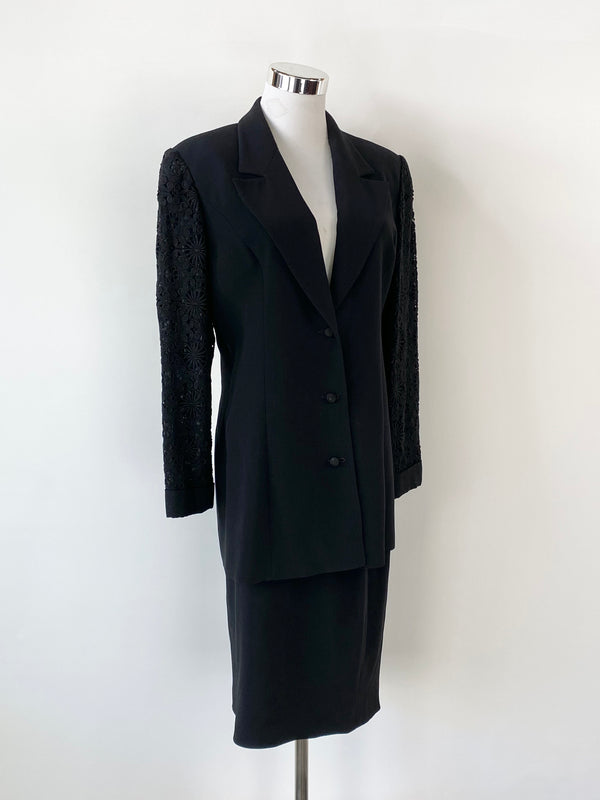 Vintage Miss Valentino Black Lace Sleeve Blazer & Skirt - AU8/10