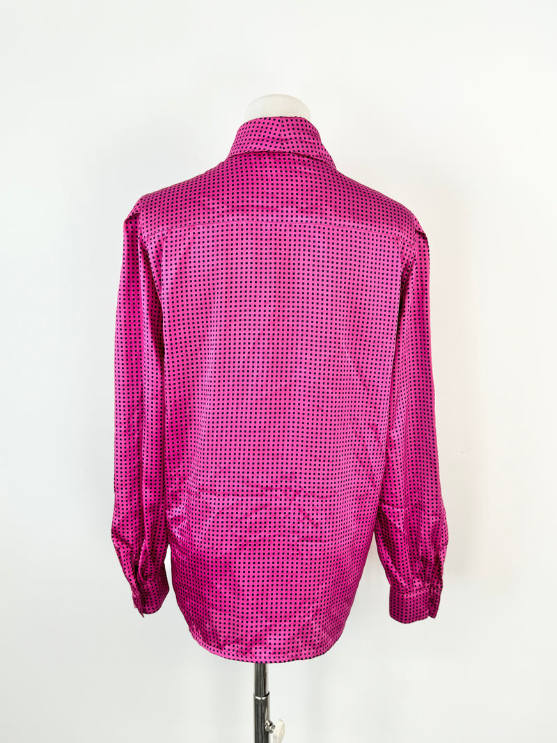 Vintage Louis Feraud Hot Pink Square Pattern Silky Blouse - AU6/8
