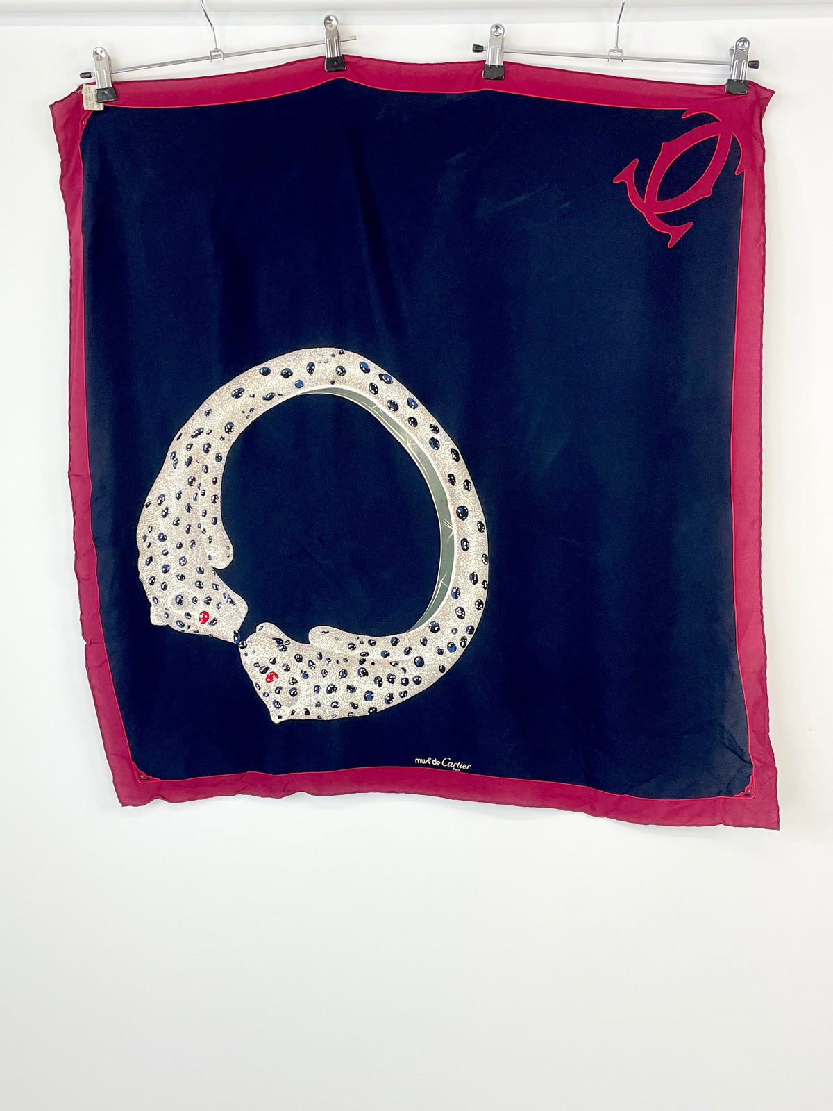 Must de Cartier Vintage Navy & Maroon Twin-Jaguars Silk Scarf
