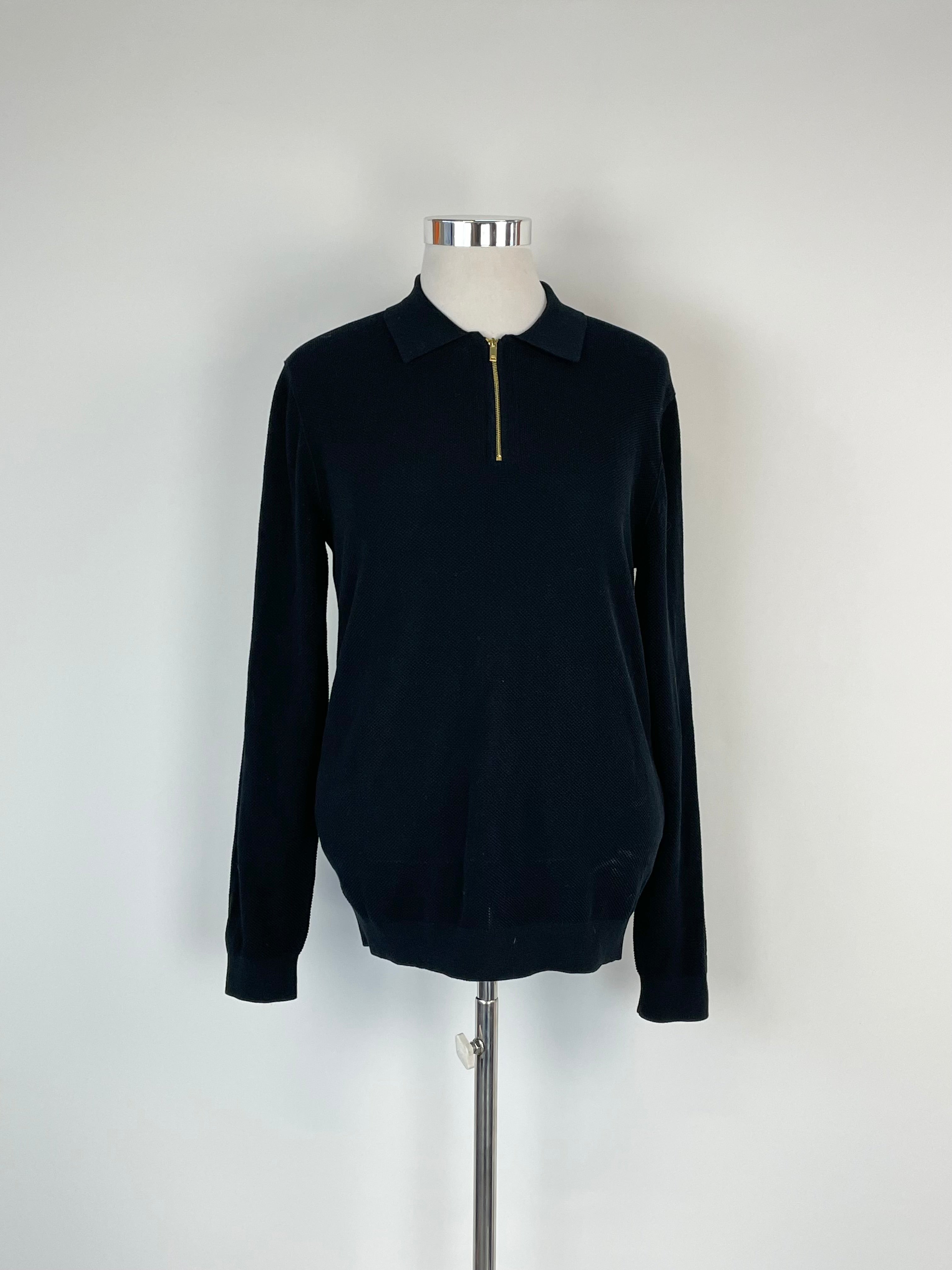 Reiss Black Textured 1/4 Zip Long Sleeve Polo - L
