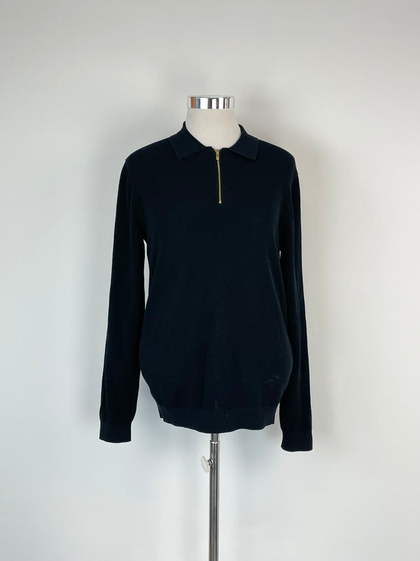 Reiss Black Textured 1/4 Zip Long Sleeve Polo - L