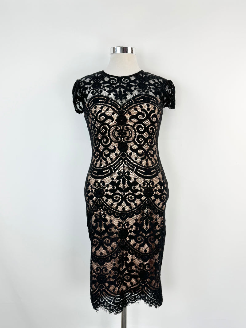 Goddiva London Black Lace Biege Body Con Dress - AU12