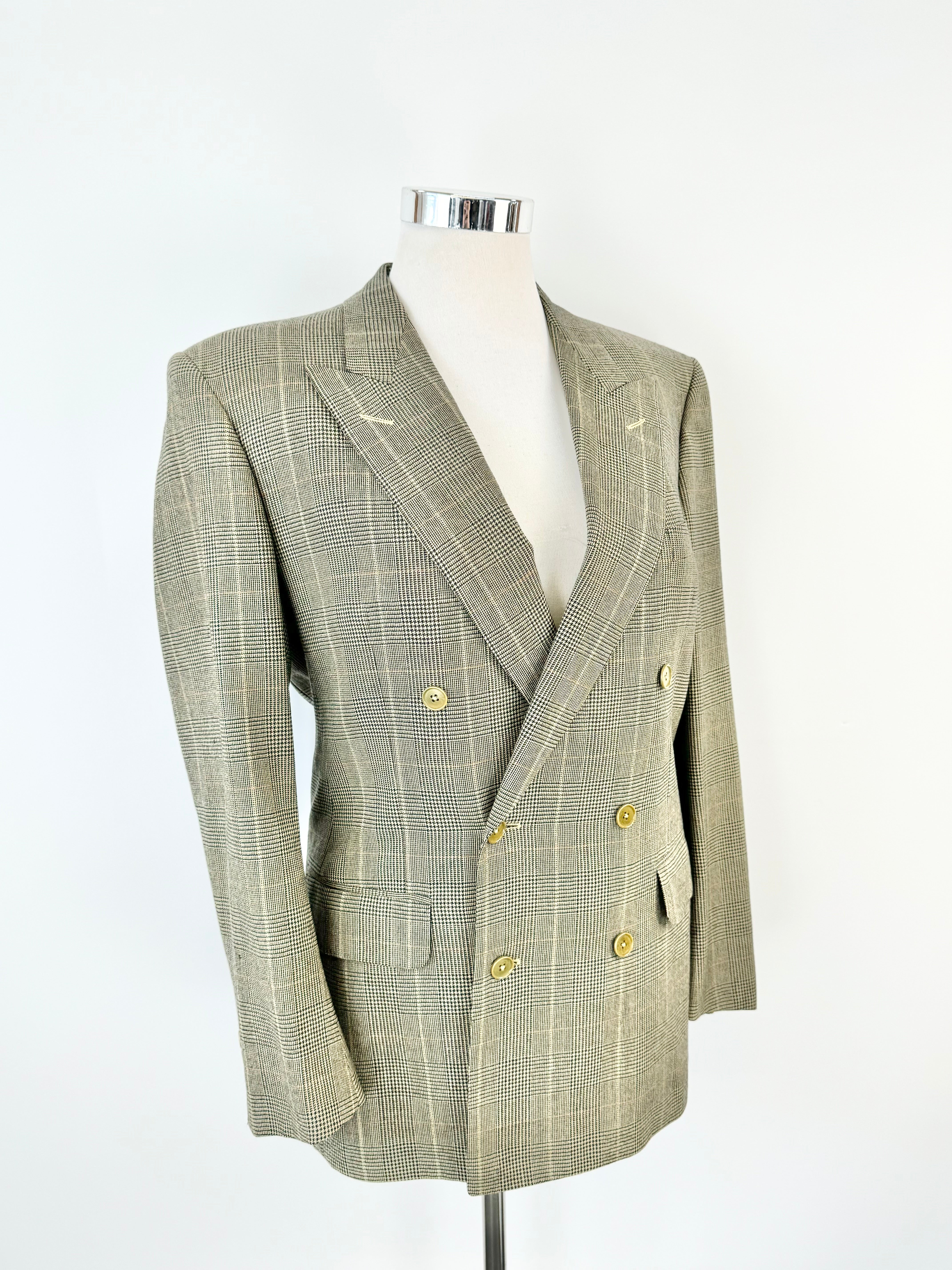 Ermengildo Zegna Gold Olive Double Breasted Glen Plaid Wool Blazer - 50