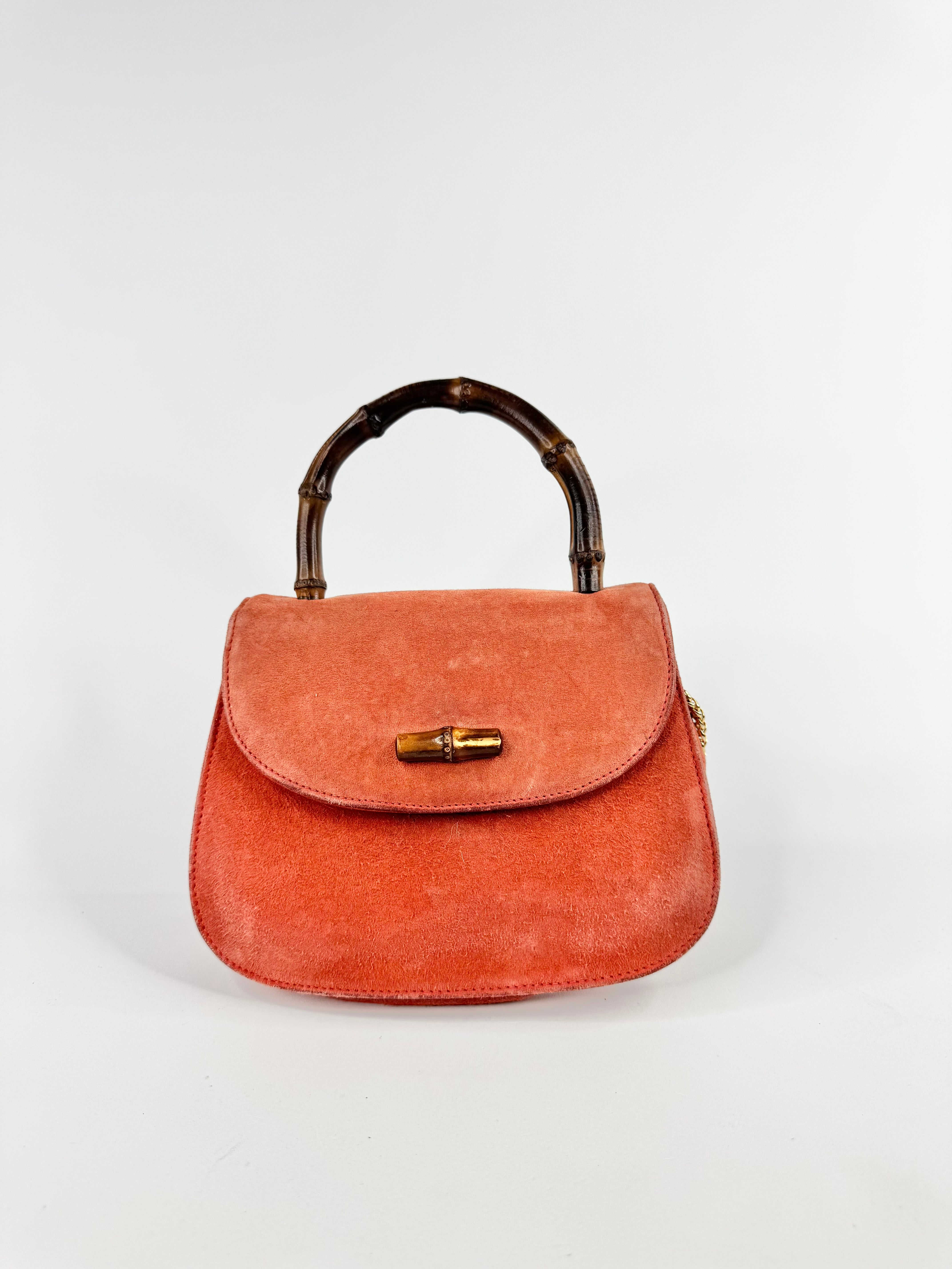Vintage Gucci Mini Orange Sorbet Suede Bamboo Cross Body Bag