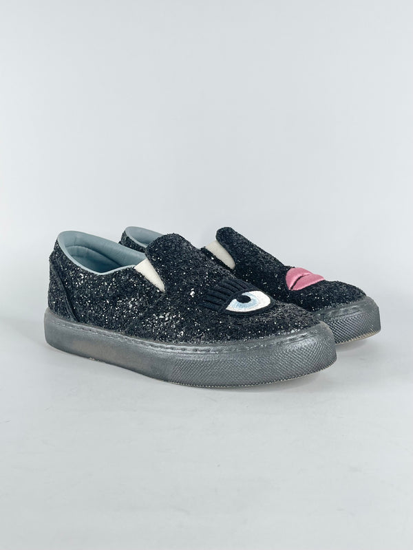 Chiara Ferragni Black Glitter Slip Ons - EU37