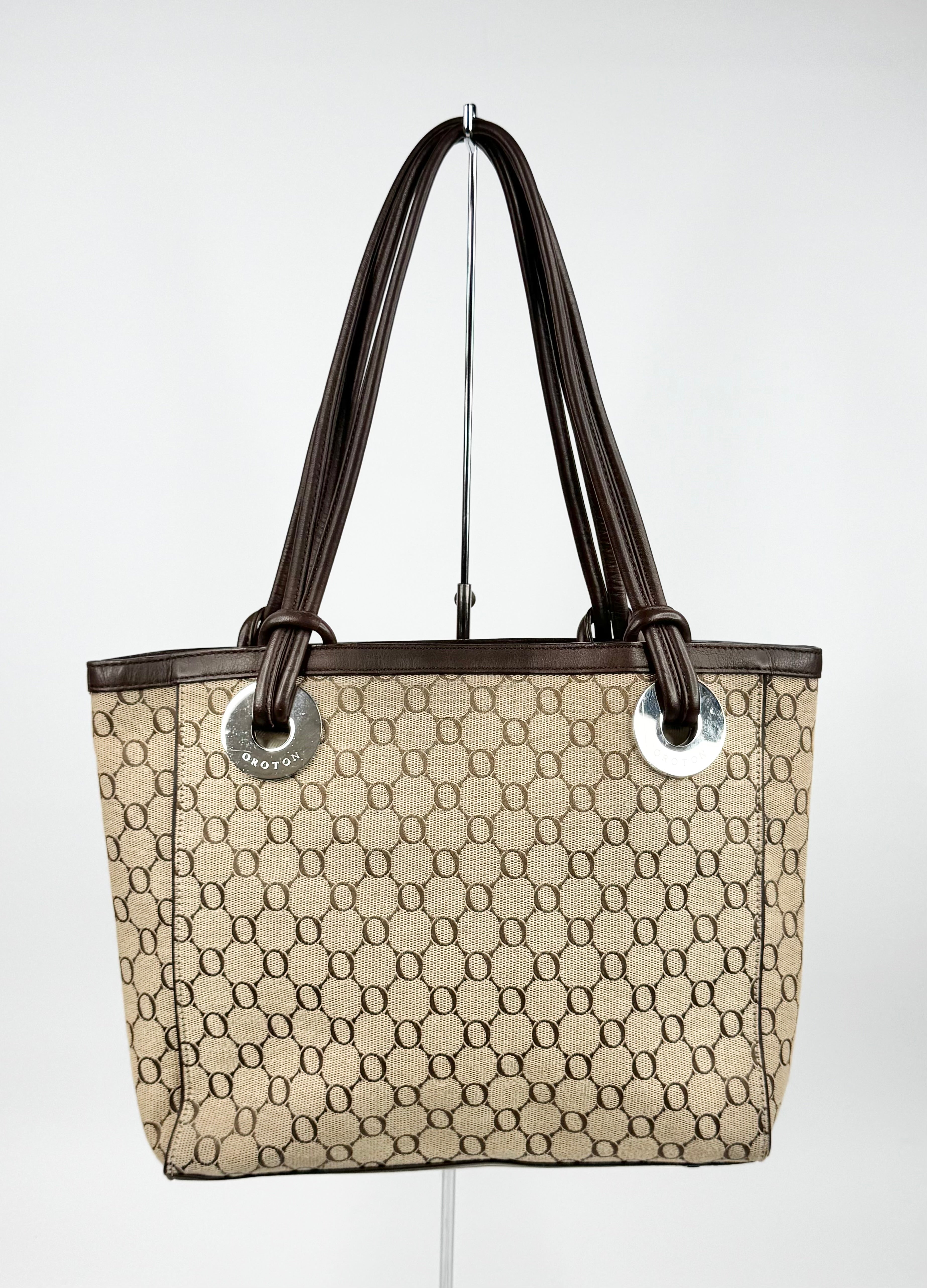 Oroton Beige & Brown Monogramed Tote Bag