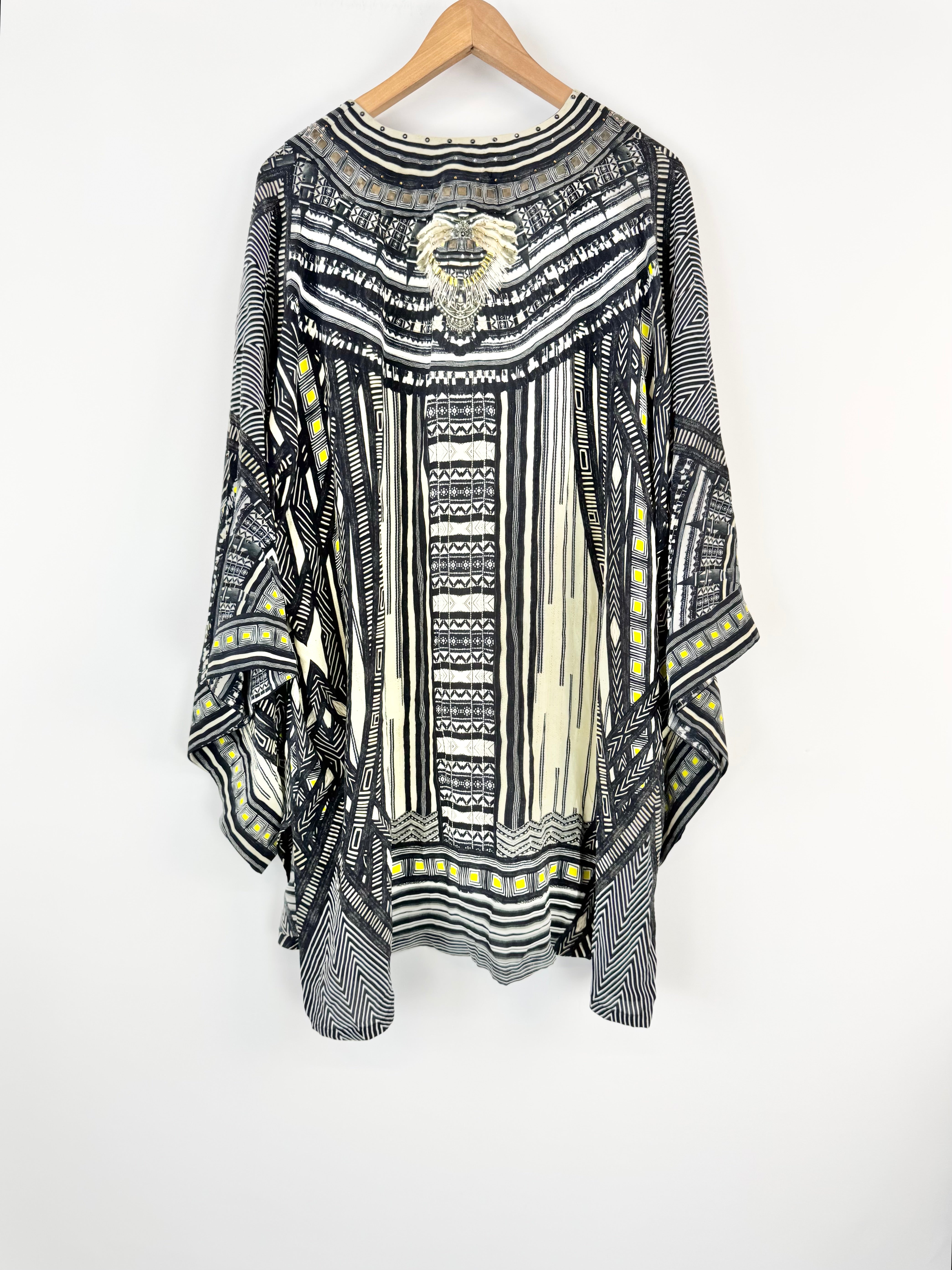Camilla 'Between the Lines' Black & Cream Silk Kimono - AU12/14/16