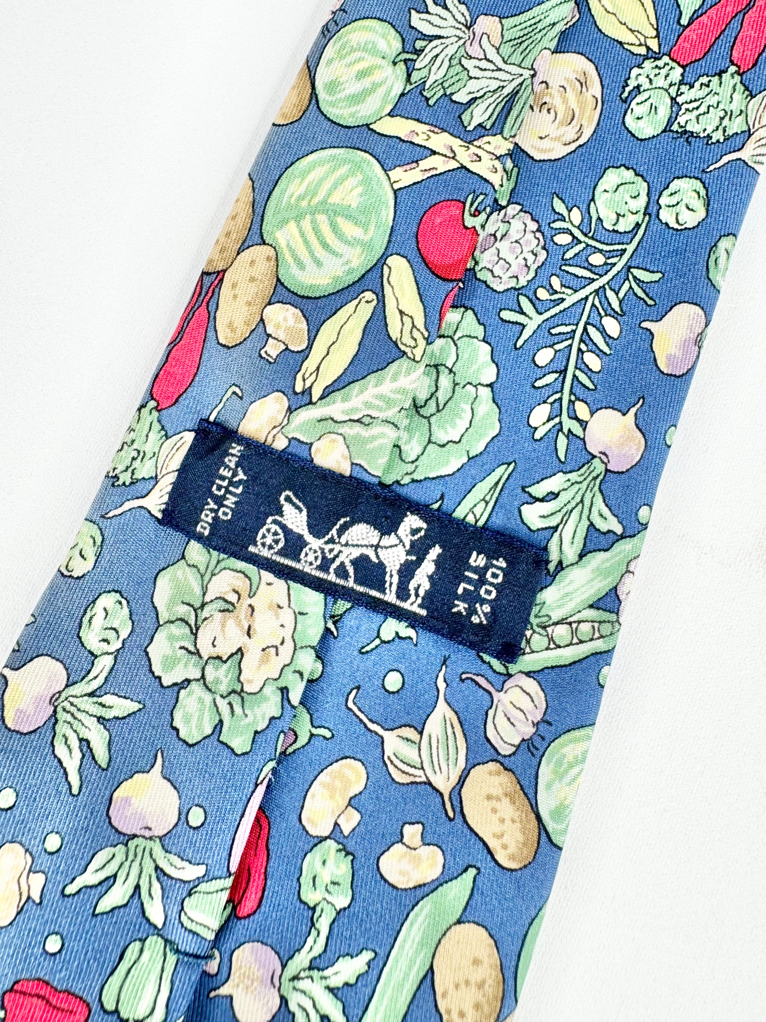 Vintage 90s Hermès Blue Silk Vegetable Patterned '7460' Tie
