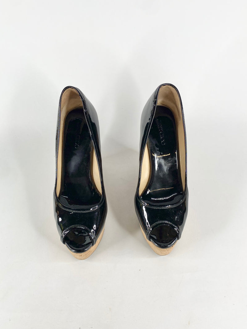 Jimmy Choo Black Patent Leather 'Papina' Peep Toe Wedges - EU39.5