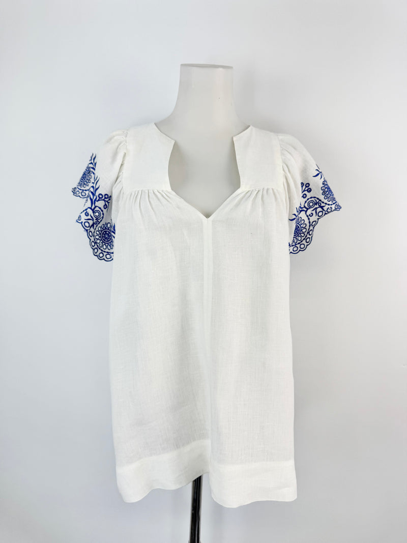 Arlington Milne White Linen Embroidered Blouse - AU6