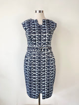 Sacha Drake Blue Scribble Print Belted Dress - AU14