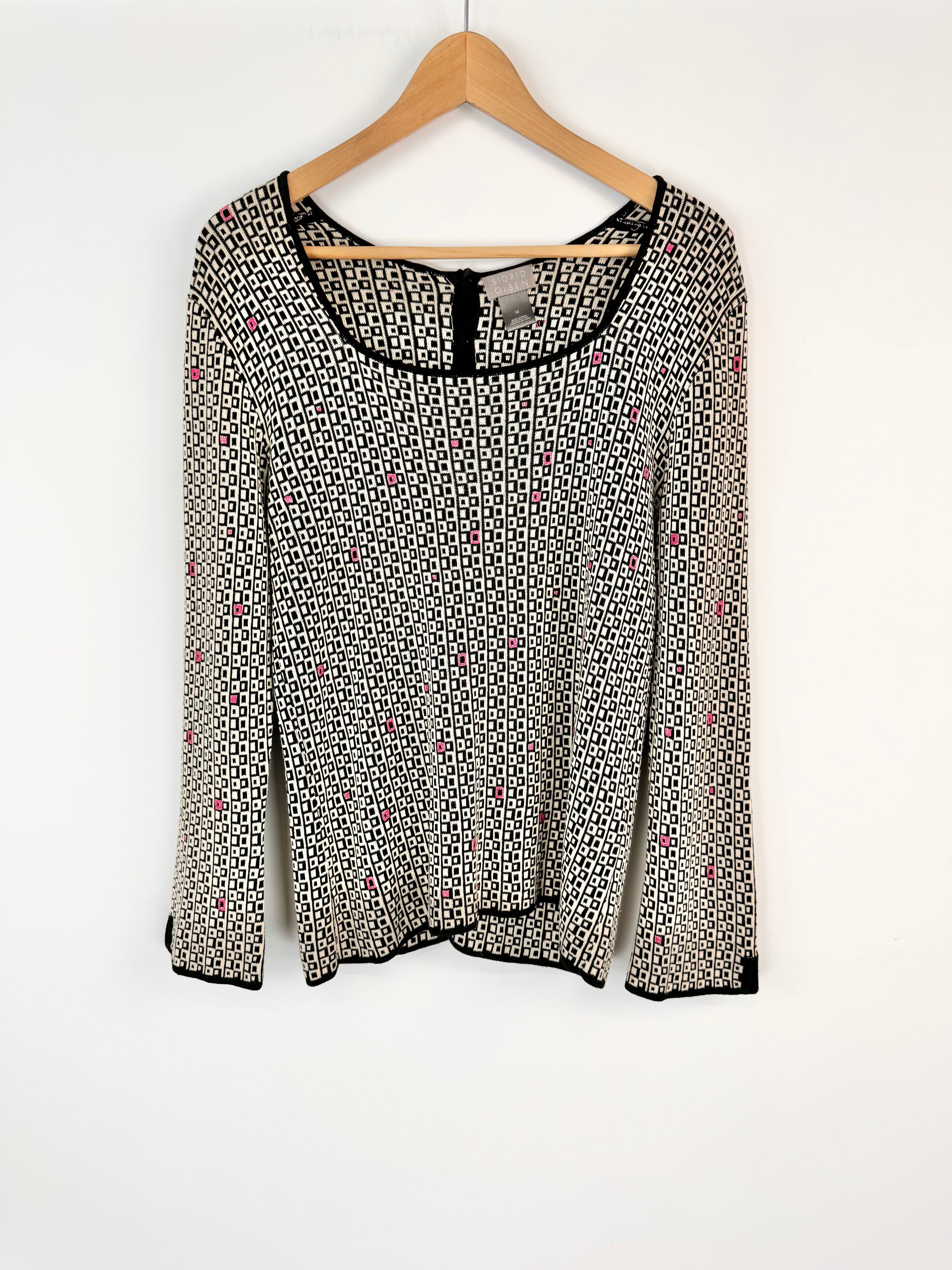 Sigrid Olsen Black & White Patterned Silk Blend Jumper - AU10/12