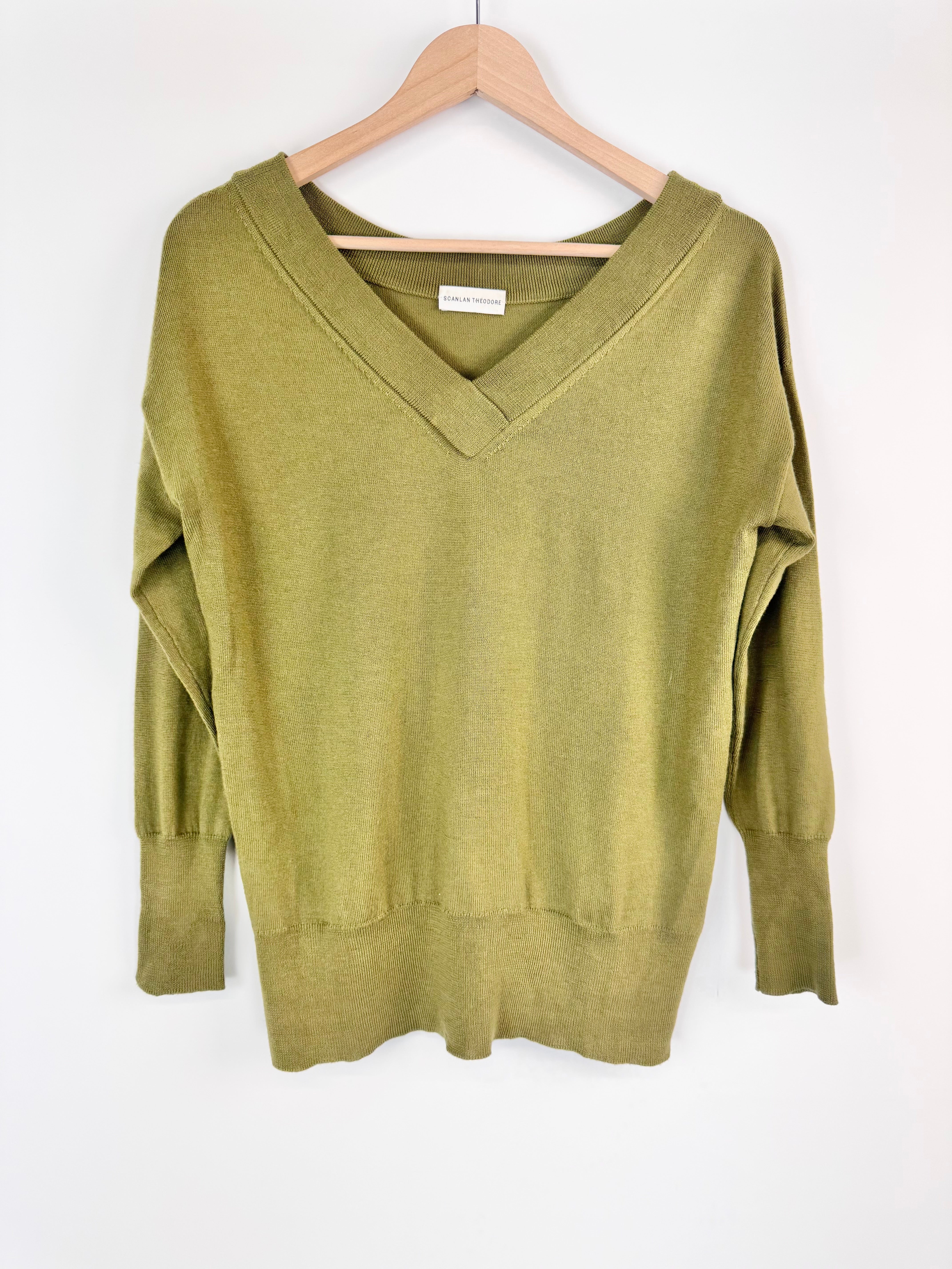 Scanlan Theodore Olive Green Merino Wool V-Neck Jumper - AU8/10