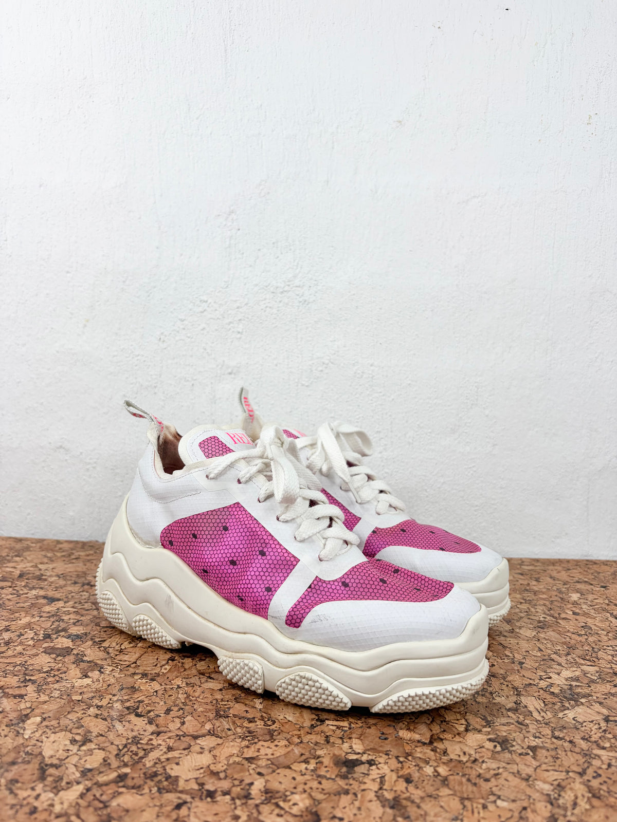 Red Valentino Pink & White Polka Dot Motif See-Through Lace Up Sneakers - EU36