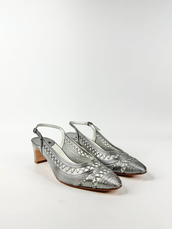 Argenta Metallic Silver Leather & Mesh Pointed Tod Kitten Heels NWT - EU40.5