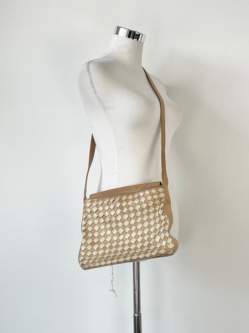 Bruno Magli Taupe Cross Weave Leather Messenger Bag