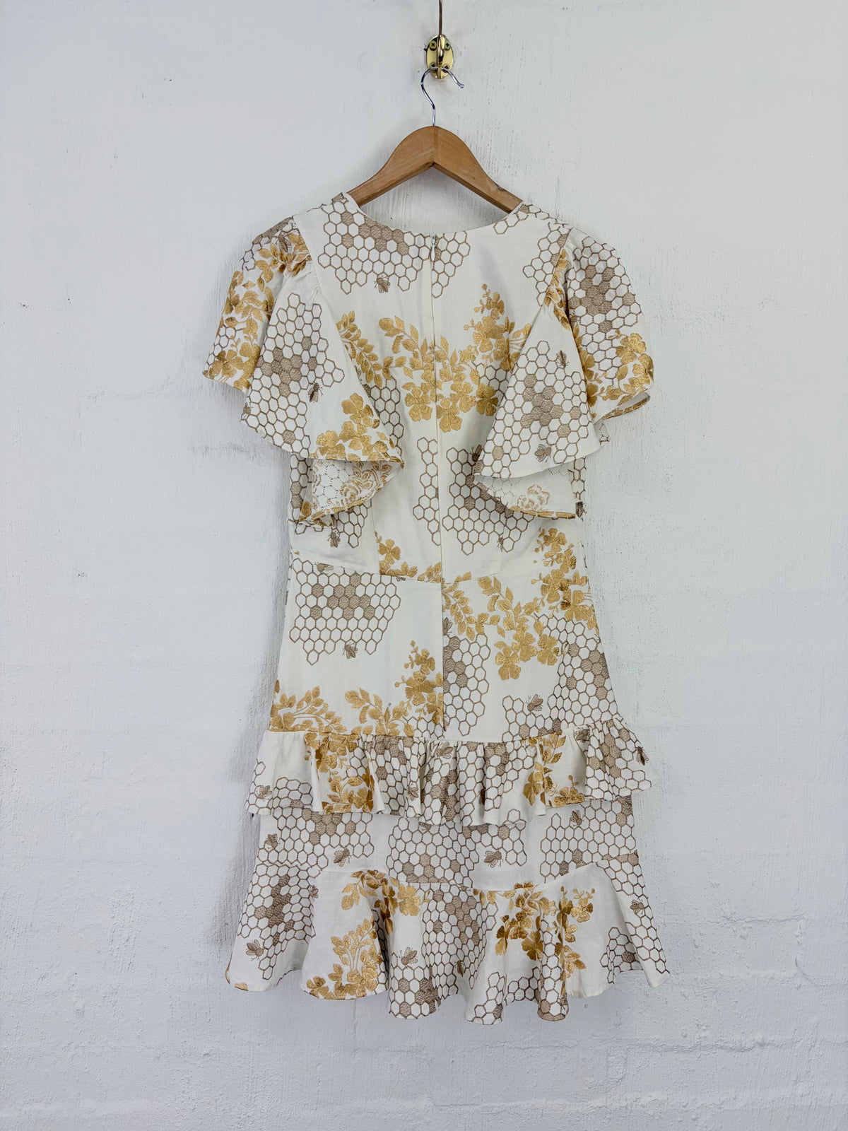 Once Was Off White Gold Honeycomb Embroidered Midi Dress - AU8/10