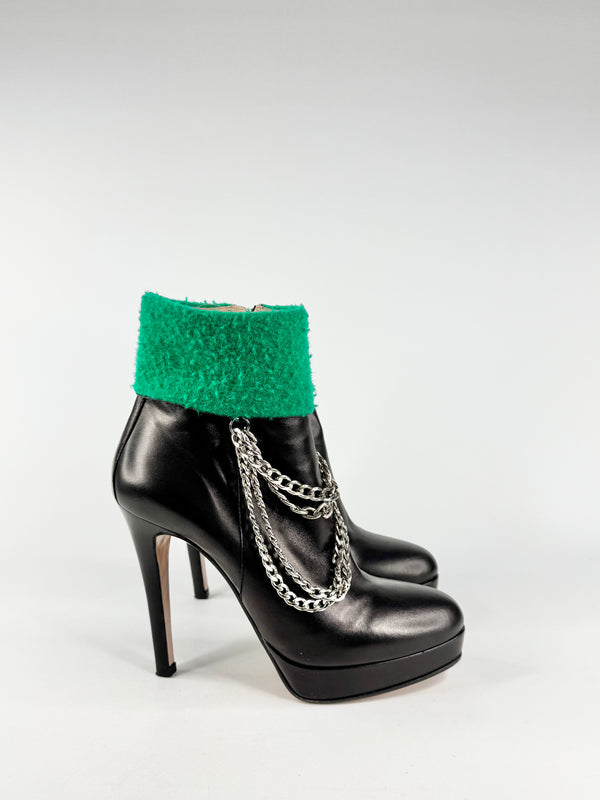Stefano Stefani Black & Green Felt Chain Ankle Boots - EU41