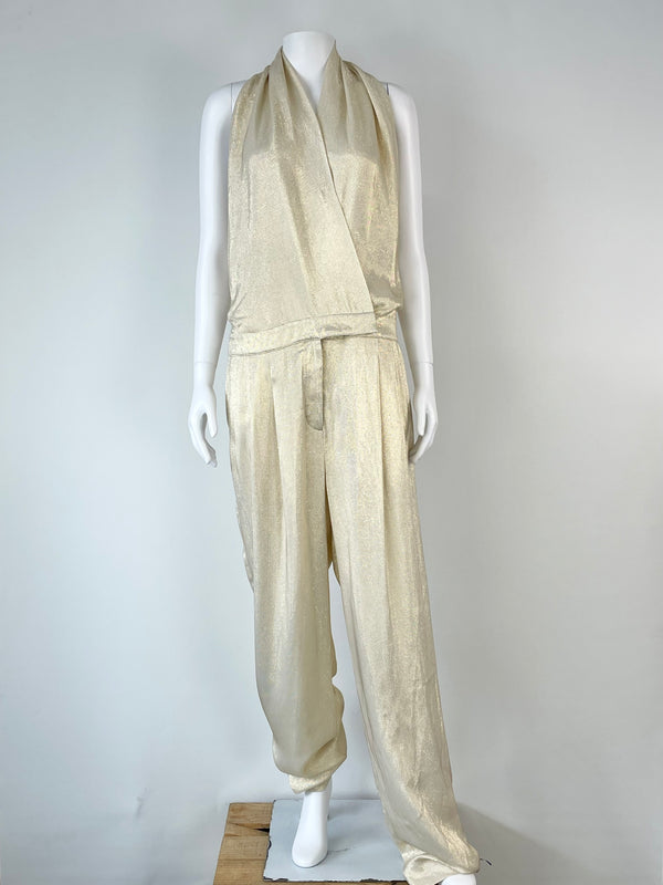 Reiss Gold Jody-Metallic Halter Jumpsuit - AU12