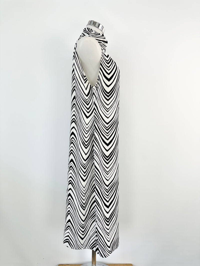 Carla Zampatti Black & White Patterned Halter Neck Maxi Dress - AU10