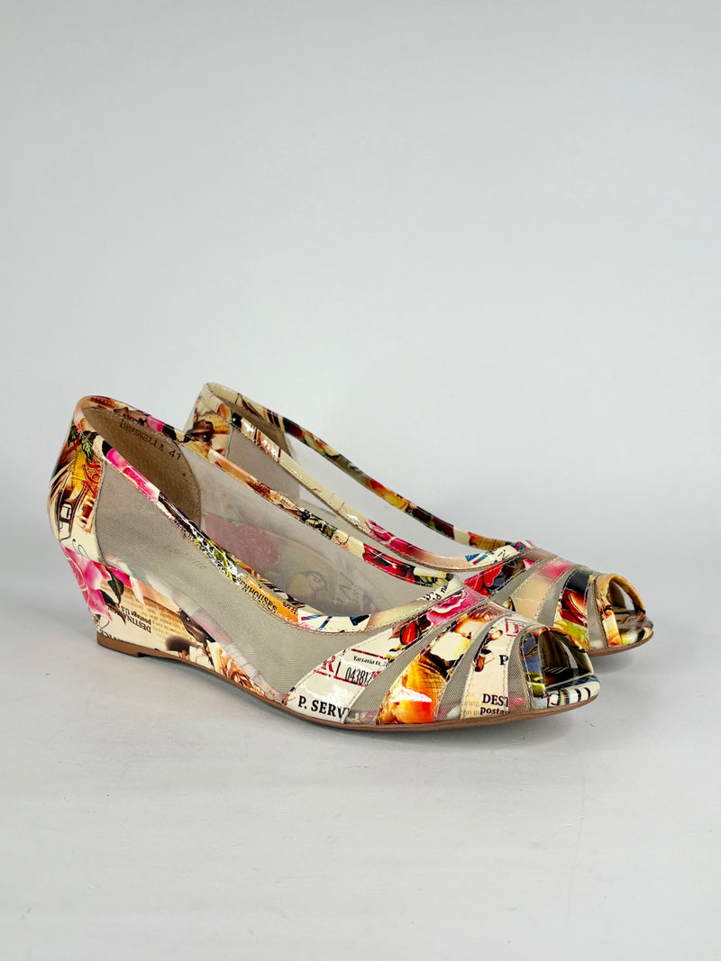 Django & Juliette Brunella Print Leather Peep-Toe Wedges - EU41