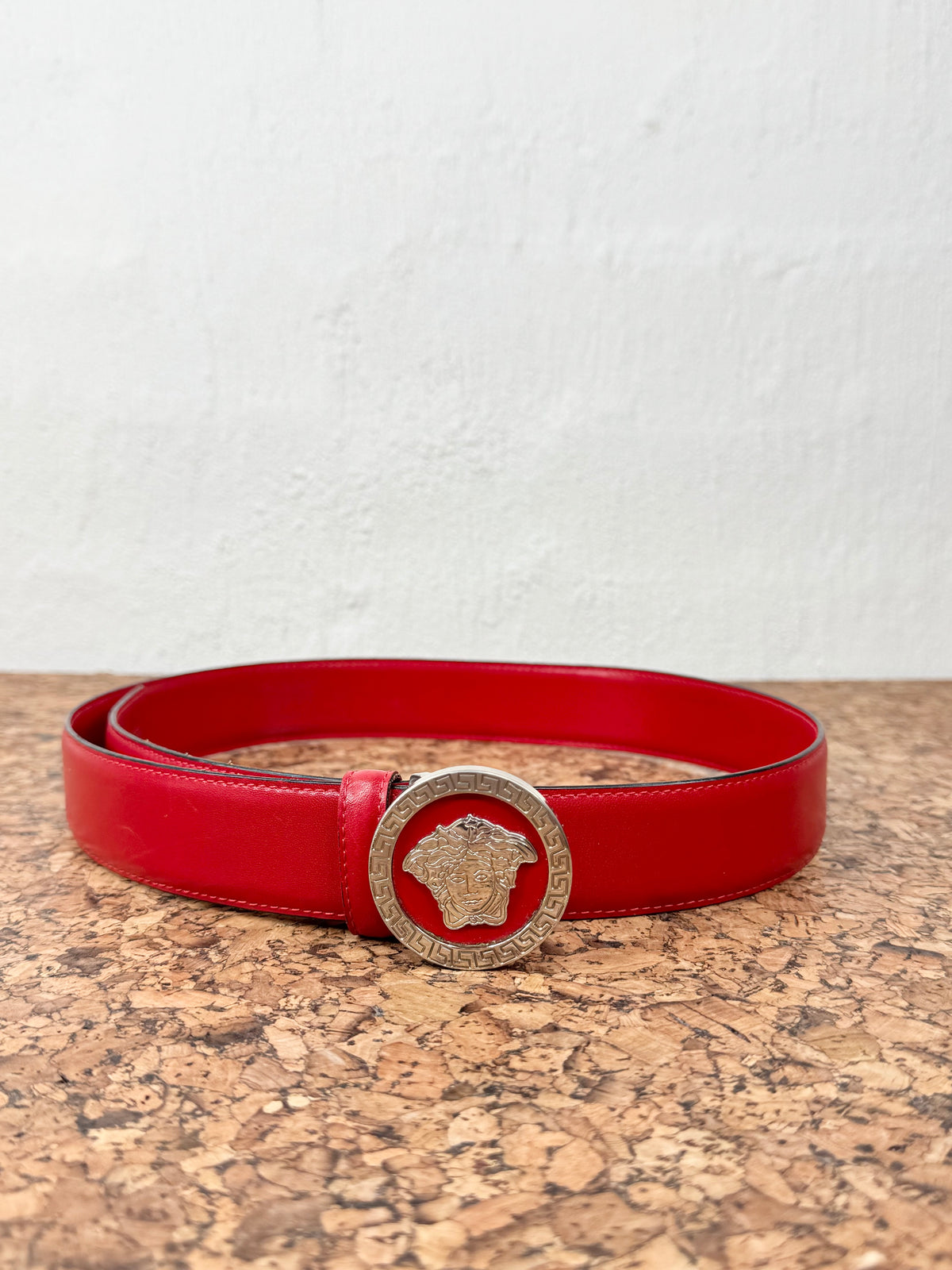 Vintage Versace Medusa & Greek Key Cherry Red Leather Belt