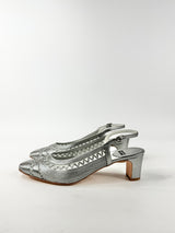 Argenta Metallic Silver Leather & Mesh Pointed Tod Kitten Heels NWT - EU40.5