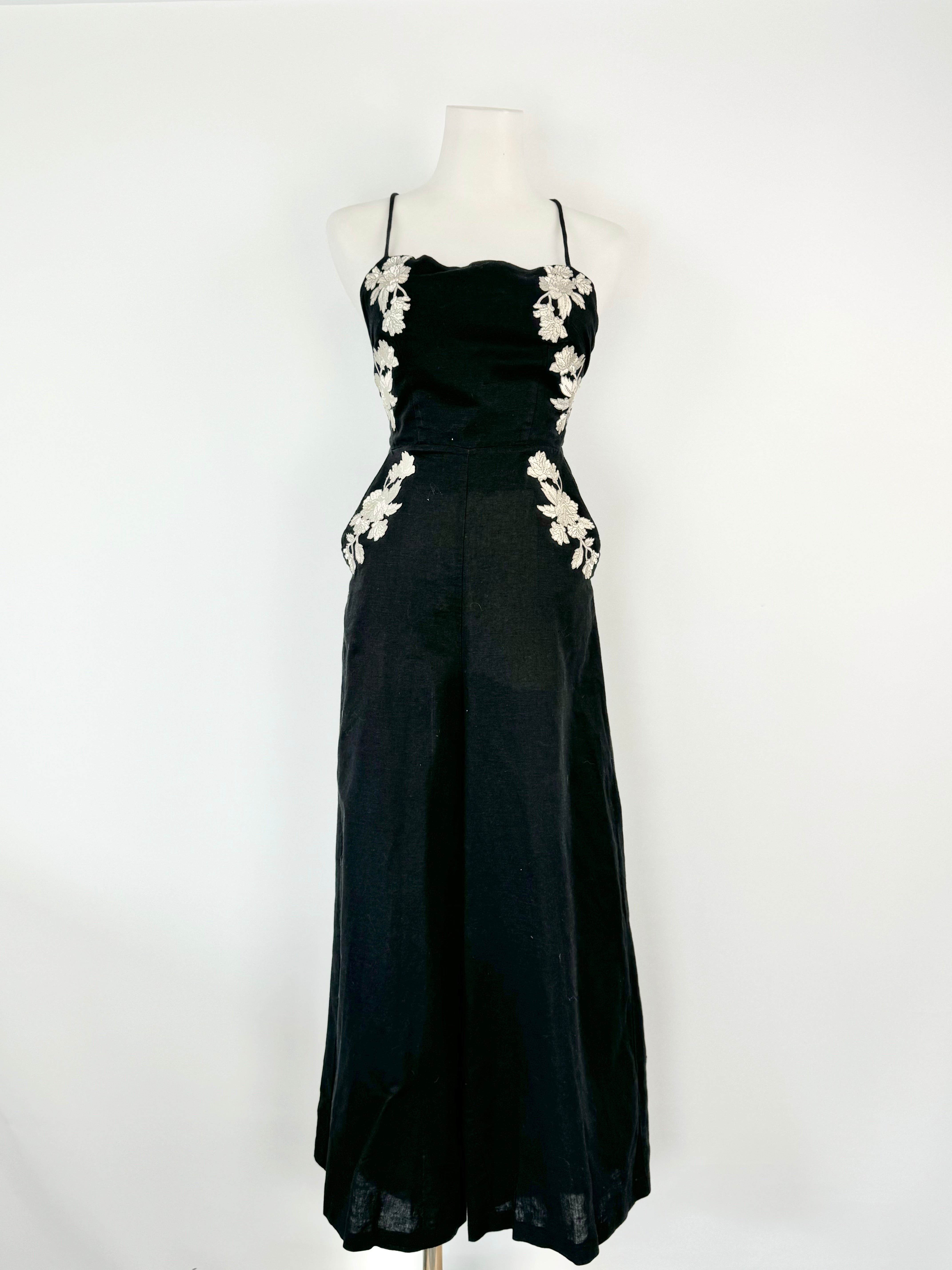 Zimmermann Black Linen Floral Embroidered Backless Jumpsuit - AU6/8