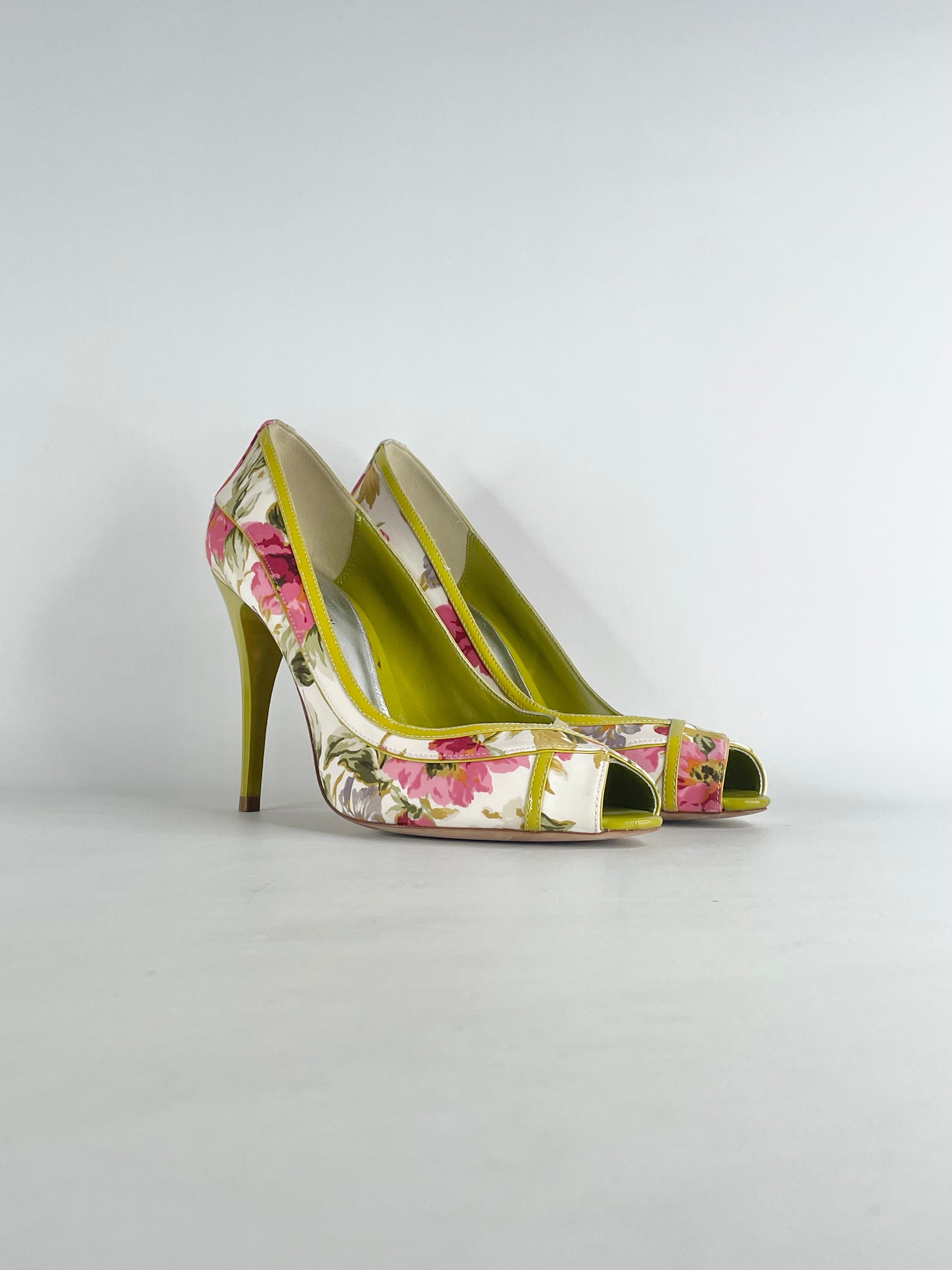 Karen Millen Lime Green Floral Leather Peep-Toe Pumps - EU39
