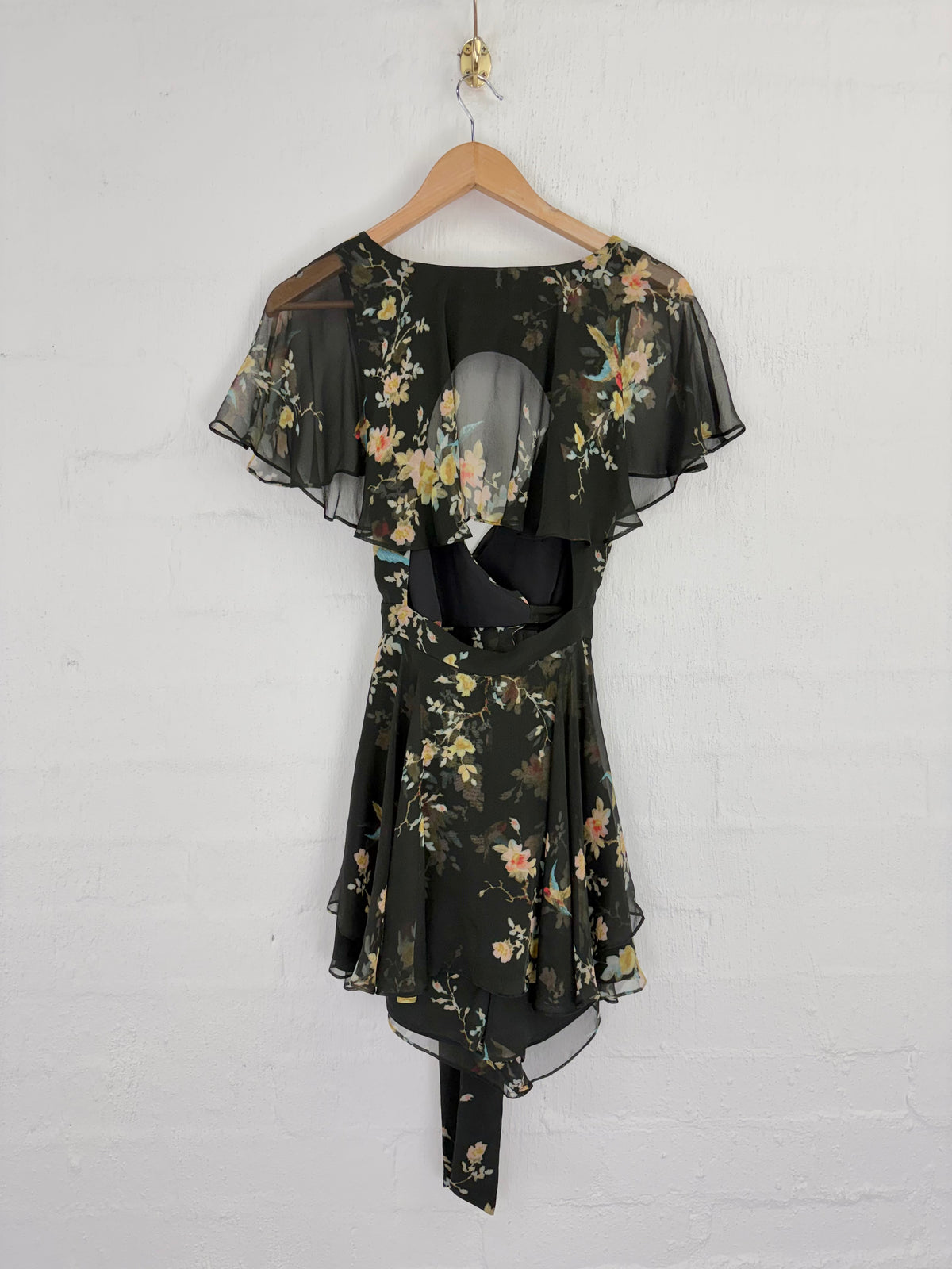 Zimmermann Black Botanical Patterned Frilled Wrap Playsuit - AU8/10