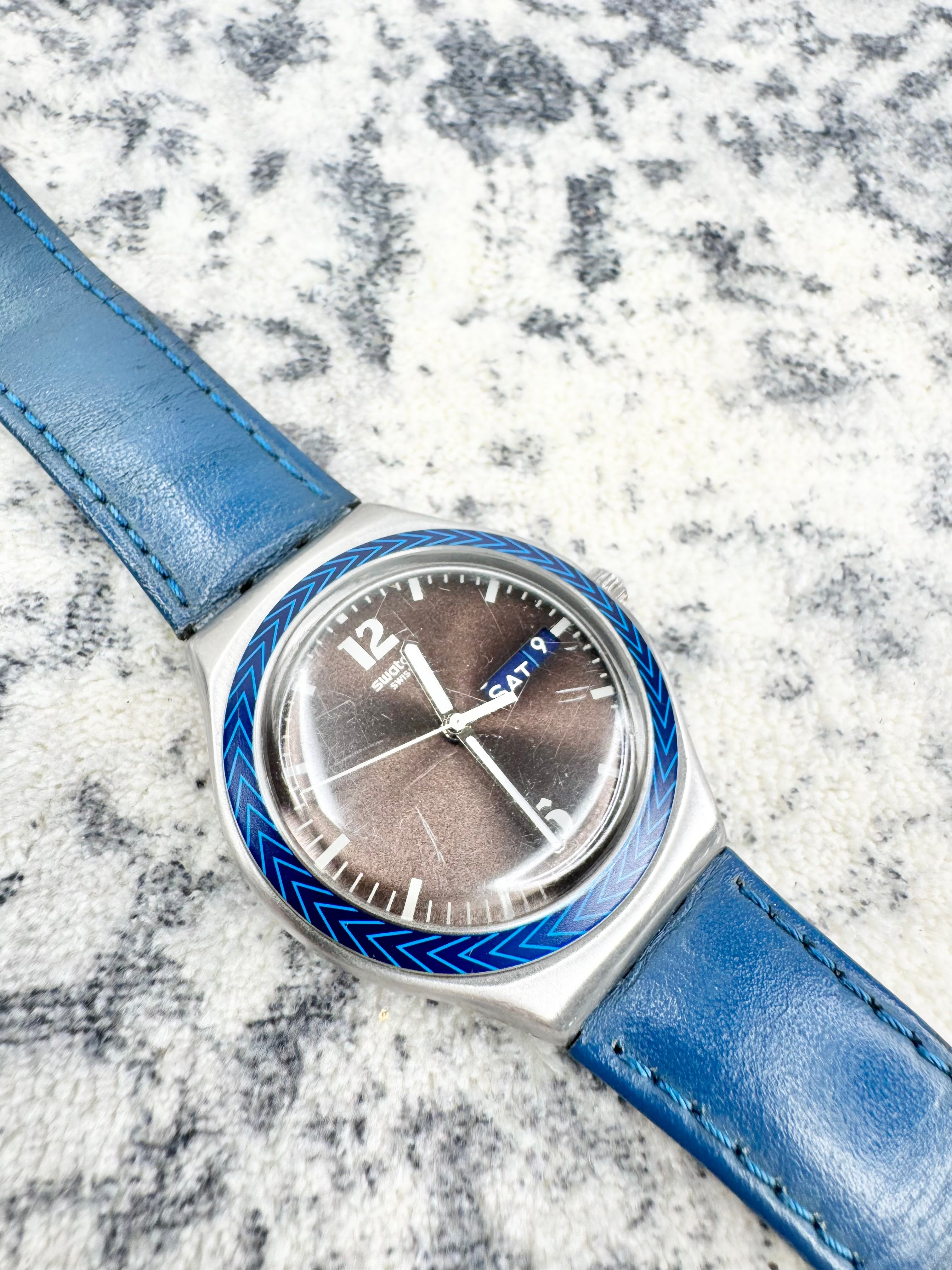 Swatch Irony Brushed Silver Aluminum and Blue Enamel Watch
