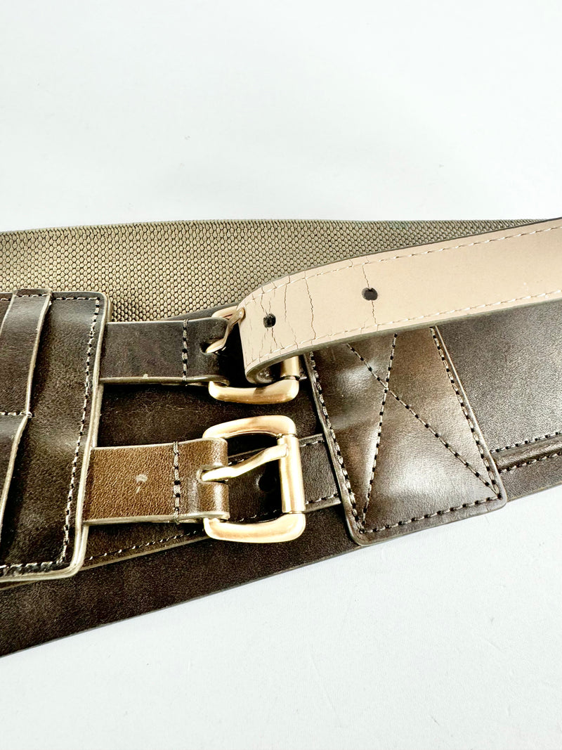 Saba Brown & Grey Leather & Elastic Waist Belt - M