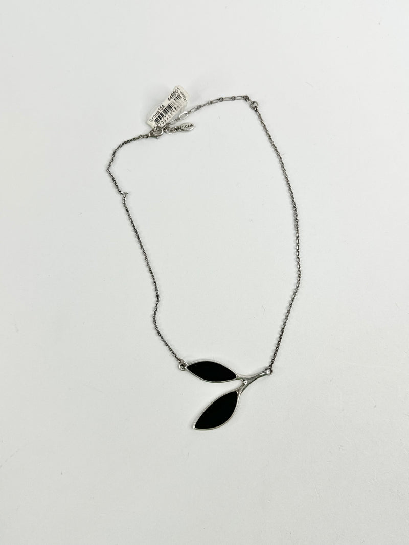 Pilgrim Silver Toned Grey Enamel Leaf Necklace