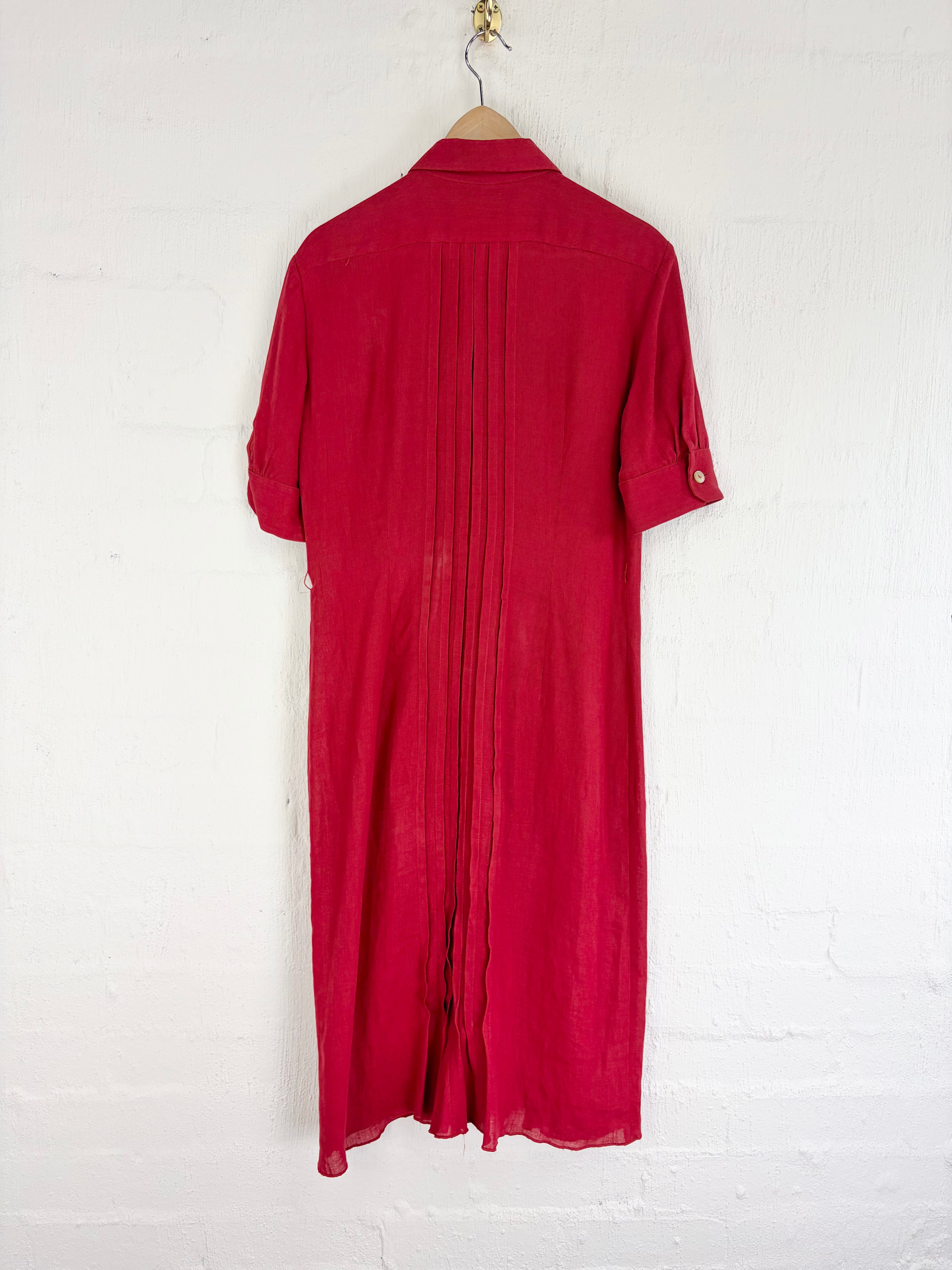 Max Mara Brick Red Linen Pintuck & Crochet Detail Shirt Dress - AU12