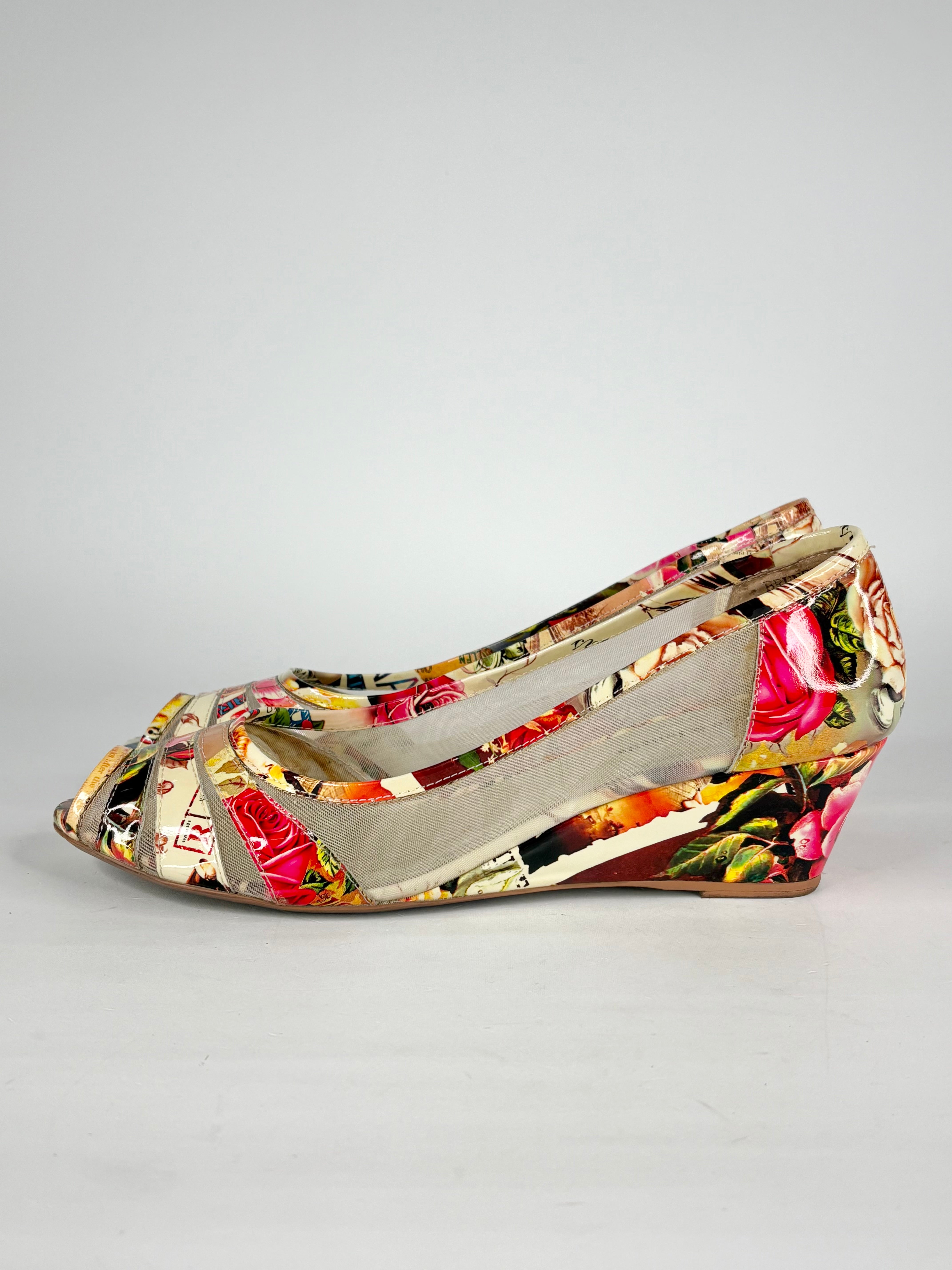 Django & Juliette Brunella Print Leather Peep-Toe Wedges - EU41