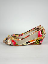 Django & Juliette Brunella Print Leather Peep-Toe Wedges - EU41