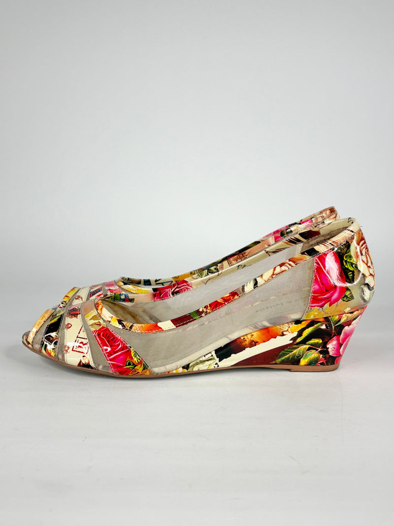 Django & Juliette Brunella Print Leather Peep-Toe Wedges - EU41