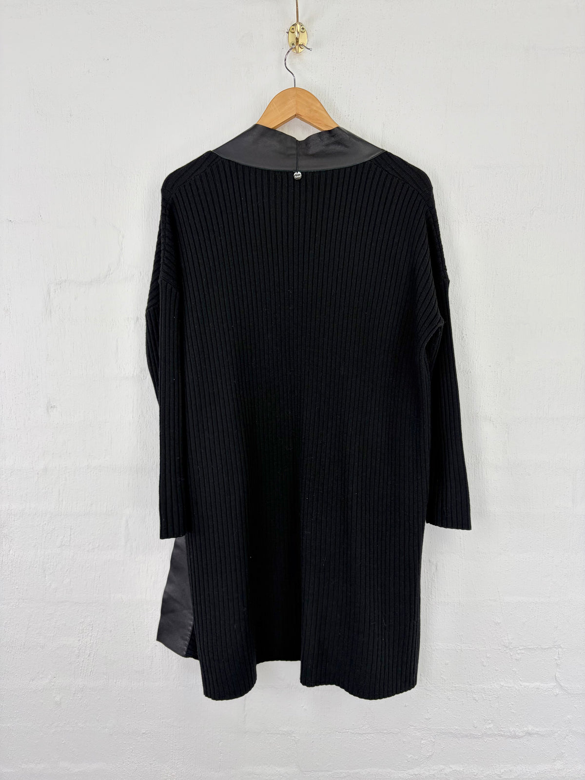 Raw by Raw Black Rib Knit Leather Trim Waterfall Cardigan - AU10/12