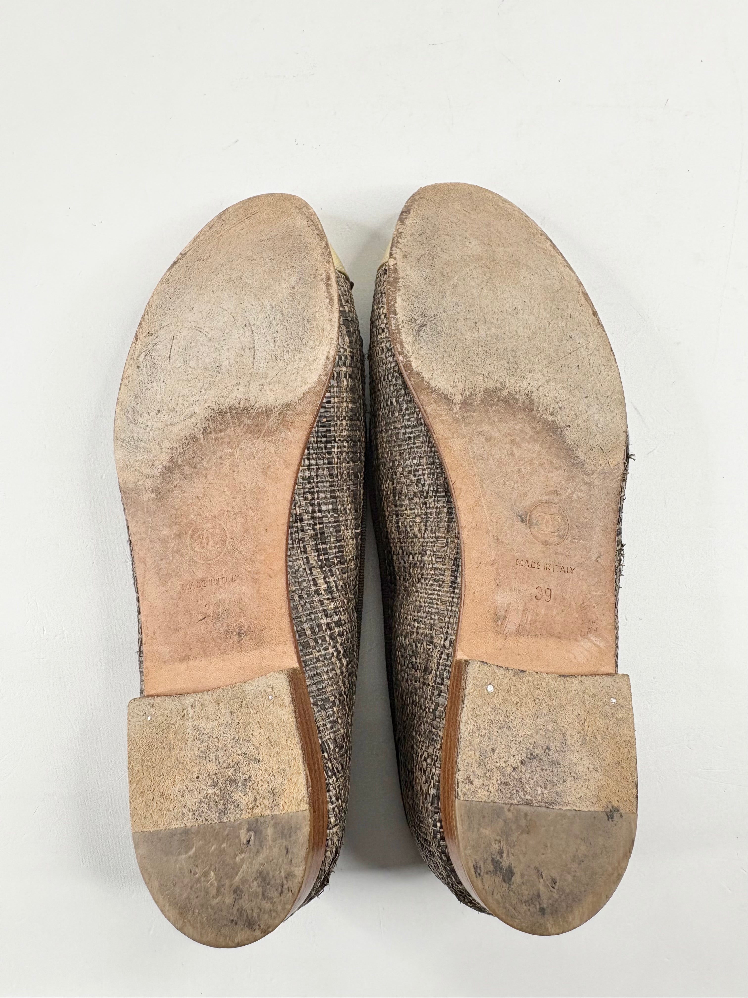 Chanel Gold Toe Leather & Hessian Ballet Flats - EU39