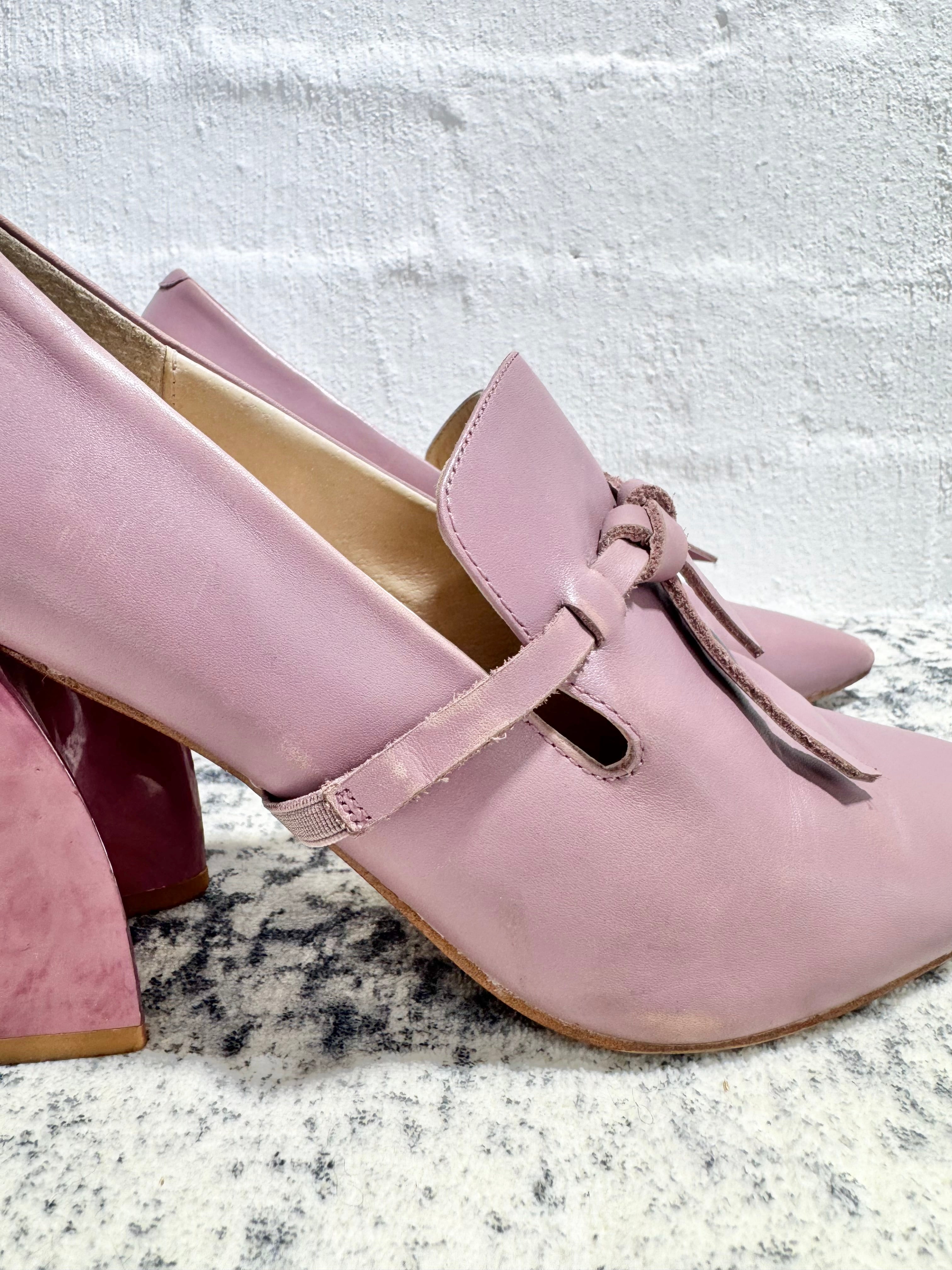 Mi Piaci Dusty Pink Leather Pointed Toe Block Heel Pumps - EU39