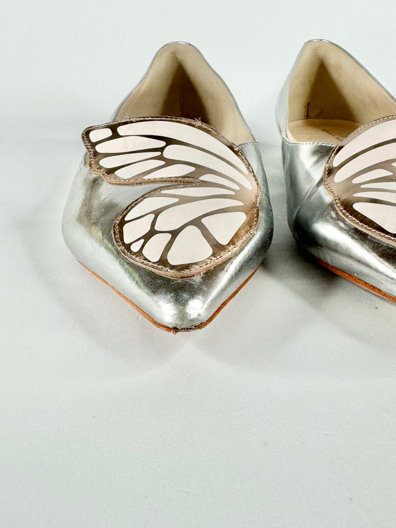 Sophia Webster Silver Butterfly Motif Pointed Toe Flats - EU37