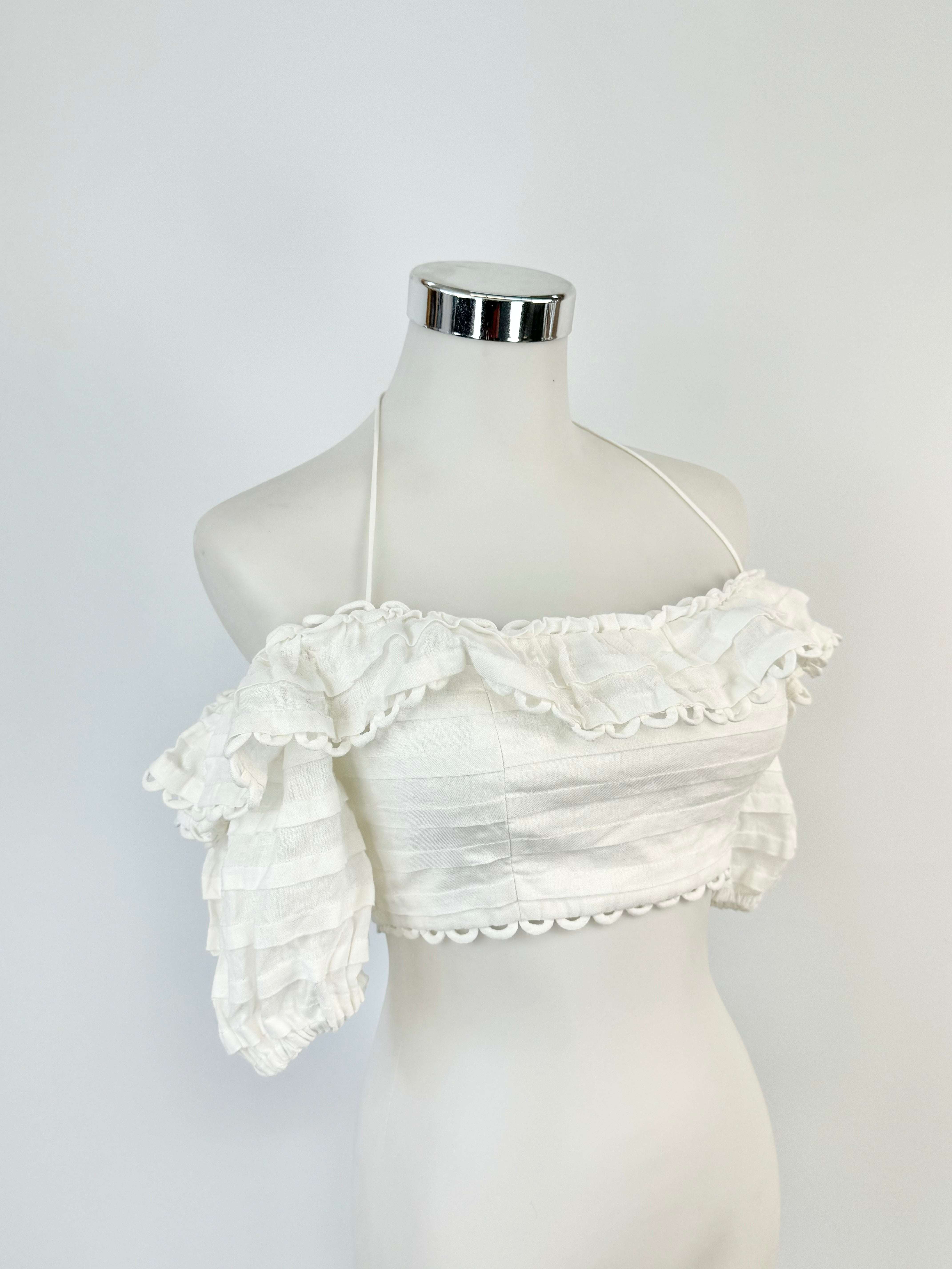 Zimmermann White Linen Puff Sleeve Crop Top - AU6/8