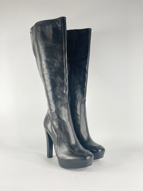 Calvin Klein 'Britton' Black Leather Platform Knee-High Boots - EU38