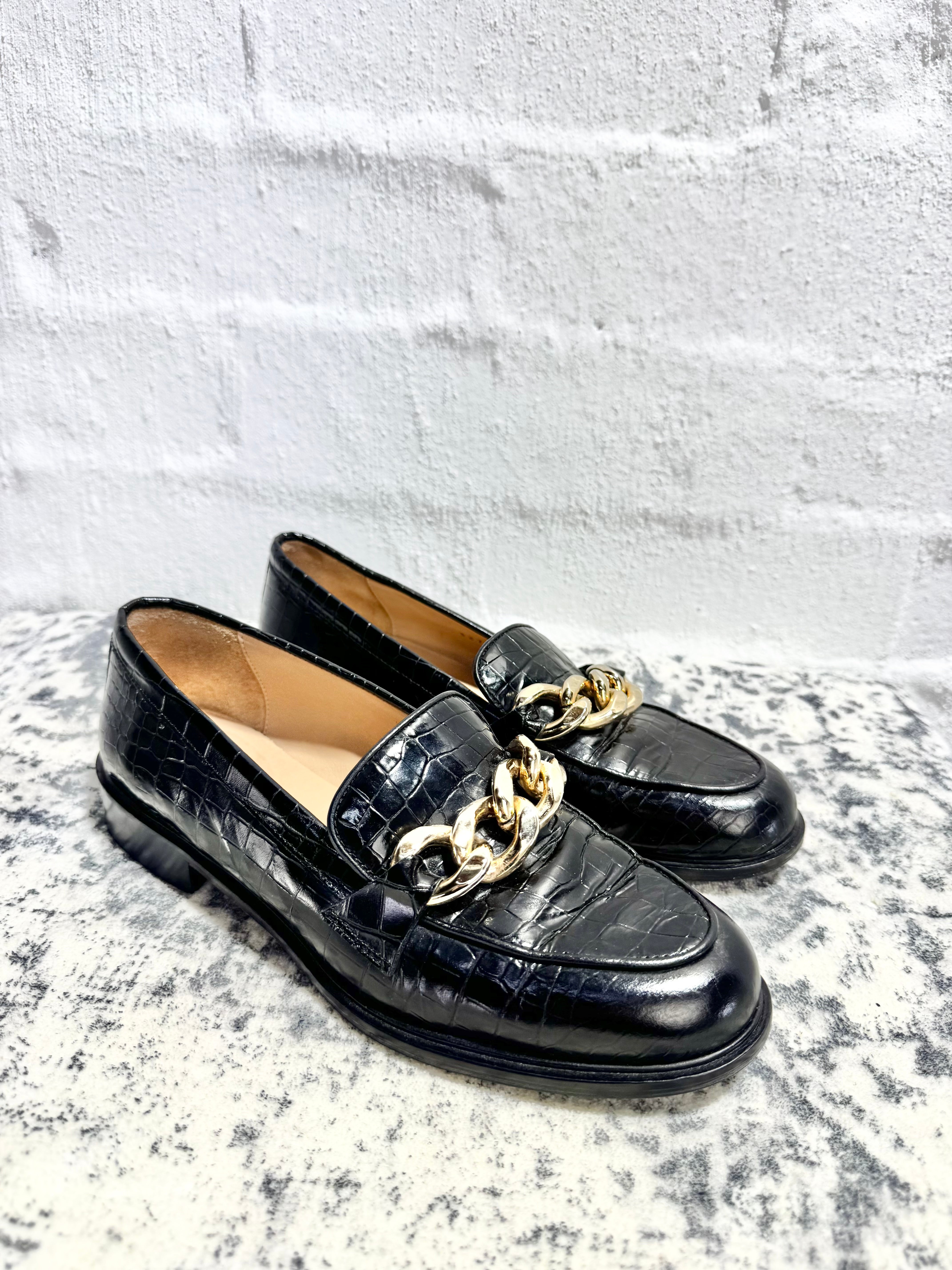 Husk Black Croc Embossed Gold Chain Loafers - EU37