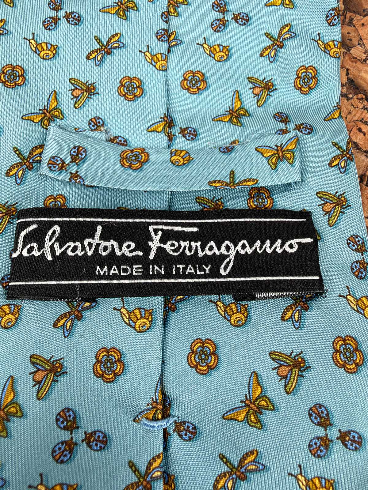 Salvatore Ferragamo Sky Blue Butterfly Bee and Snail Motif Silk Tie