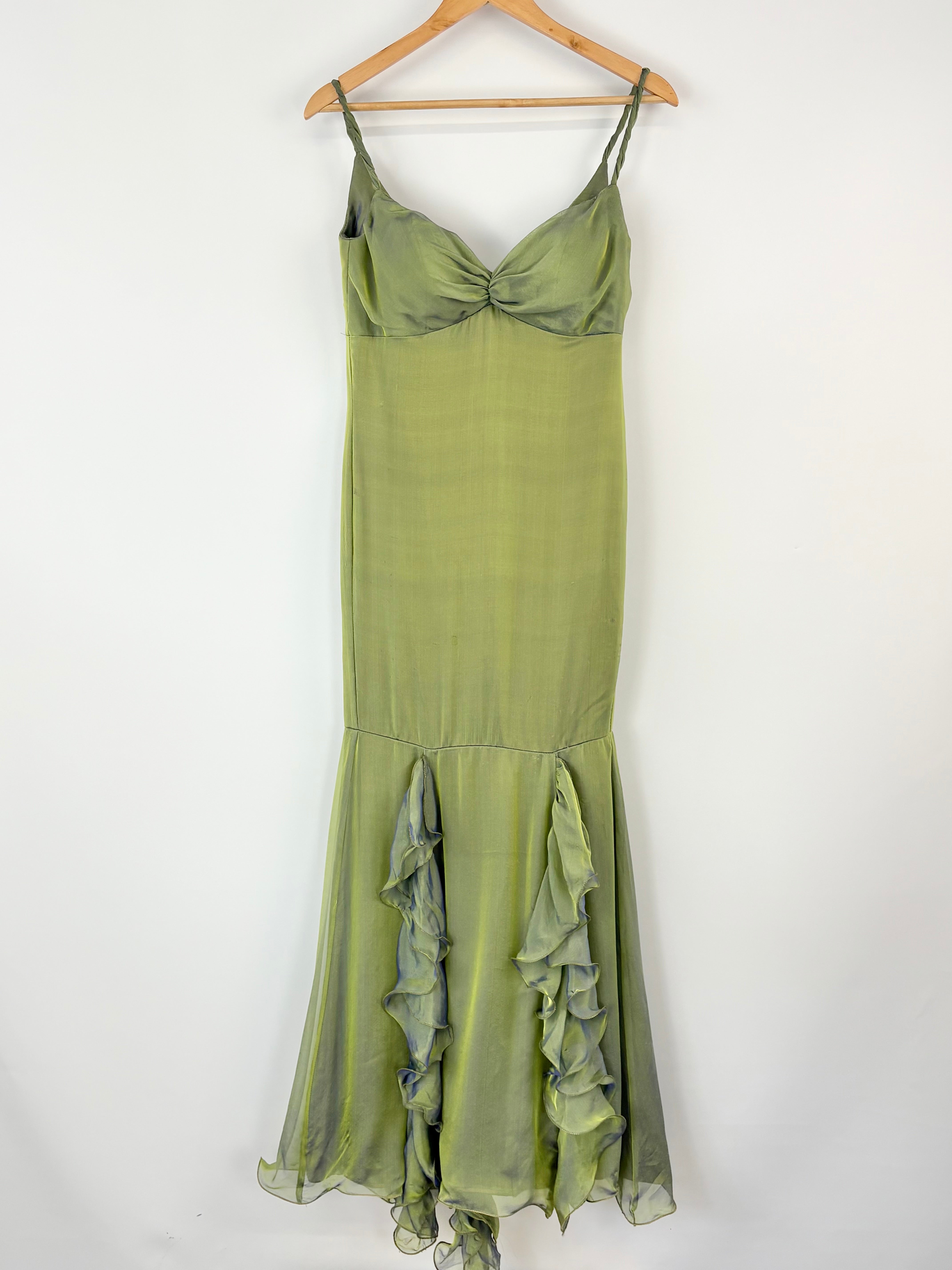 Fialora Vintage Satin-Iridescent Green Mermaid Style Ruffle Gown - AU8/10