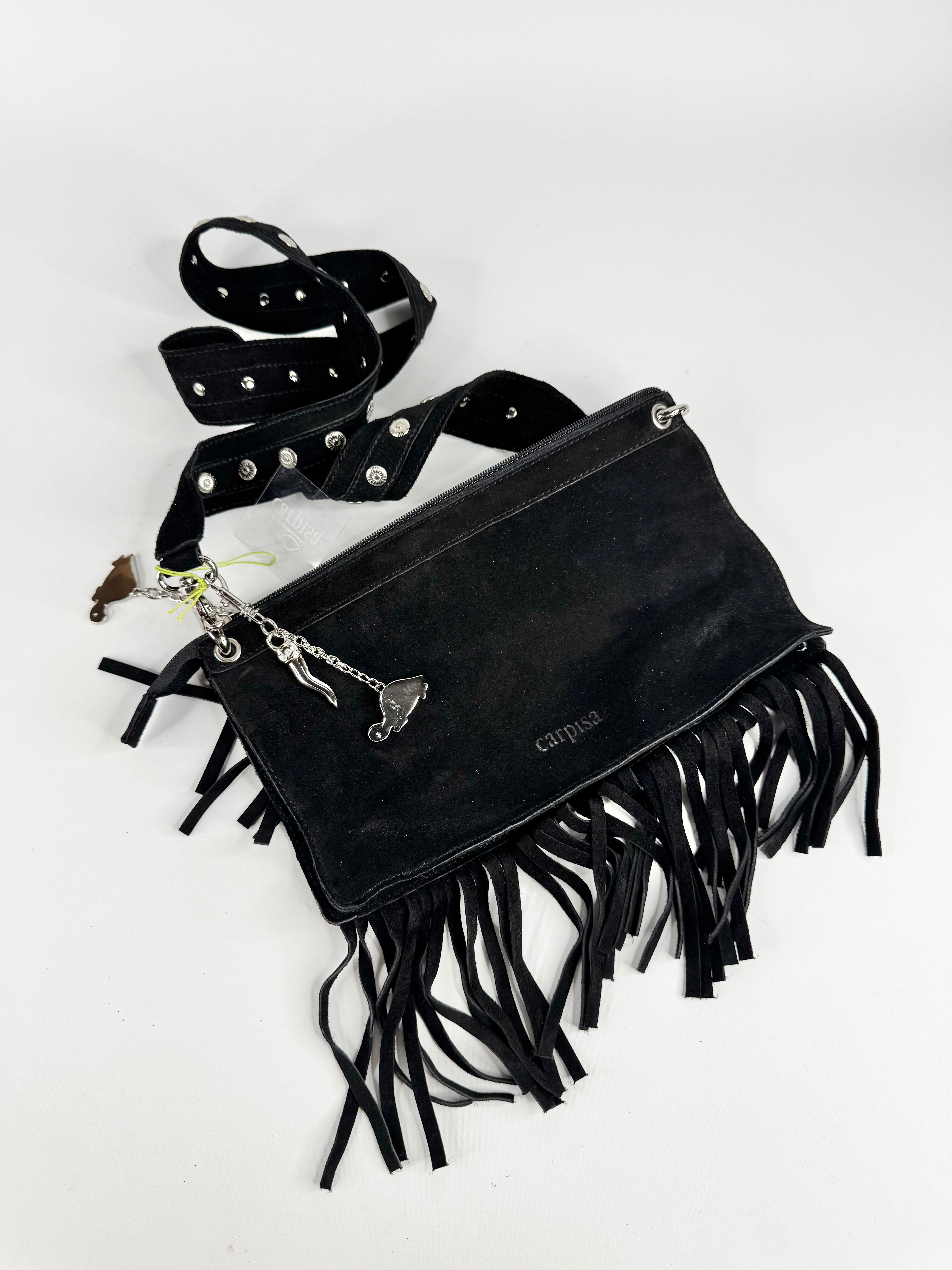 Carpisa Black Suede Fringed Cross Body Pouch