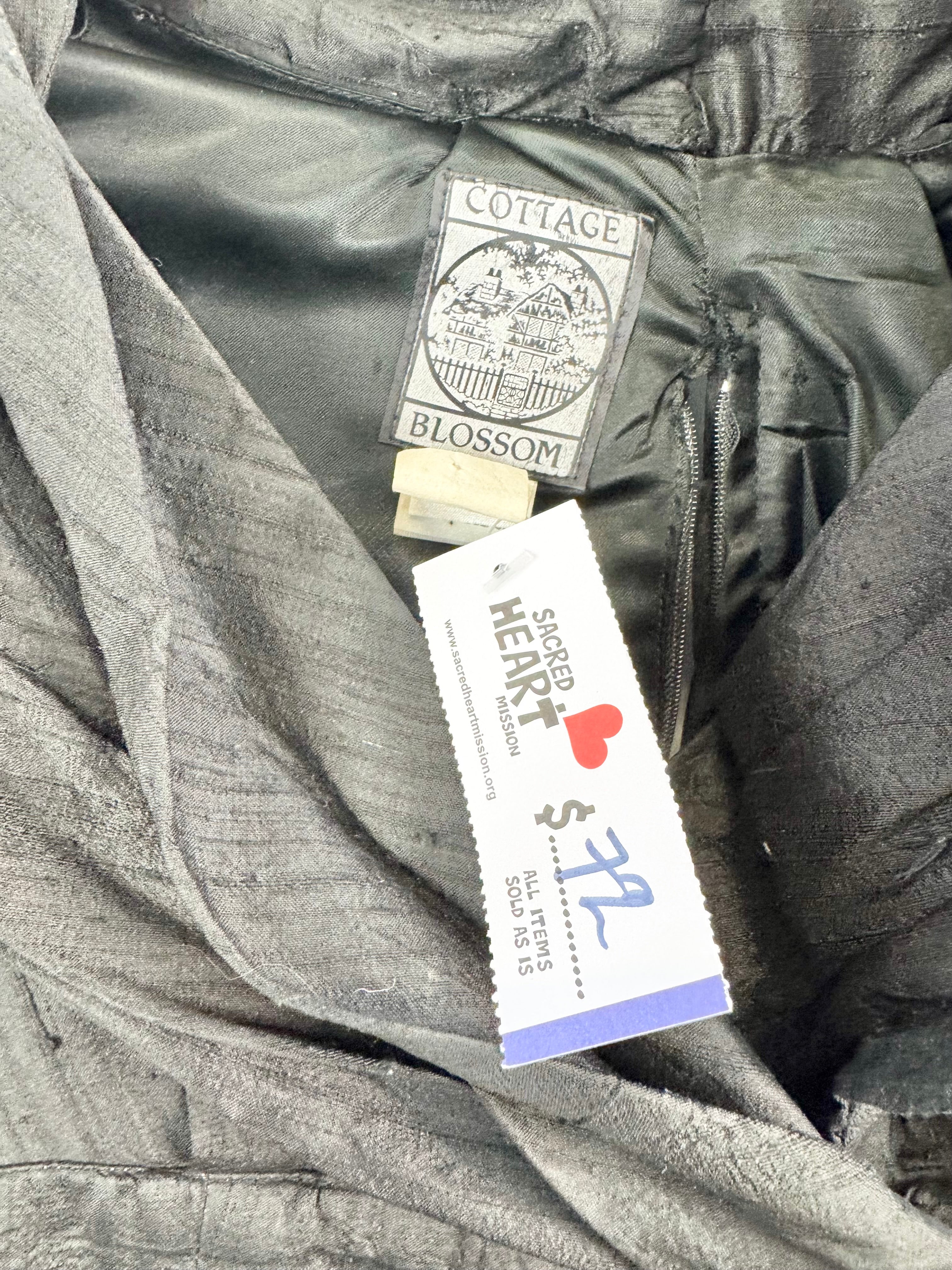 Vintage Cottage Blossom Black Taffeta Silk Dress - AU10